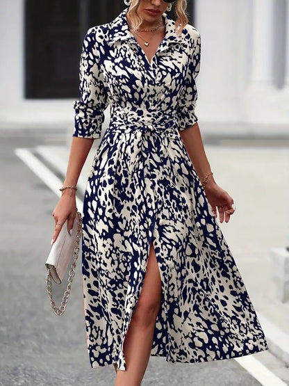 Printed button-down long-sleeved fitted dress