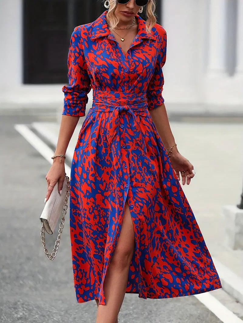Printed button-down long-sleeved fitted dress