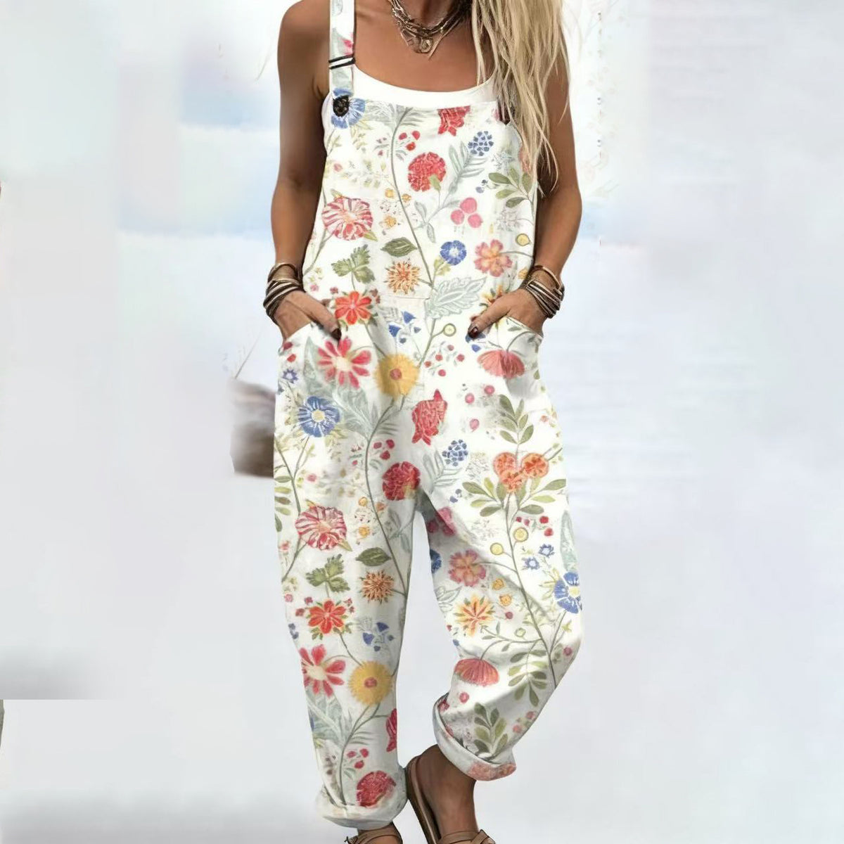 Printed Button Suspenders Casual Pants Suspenders