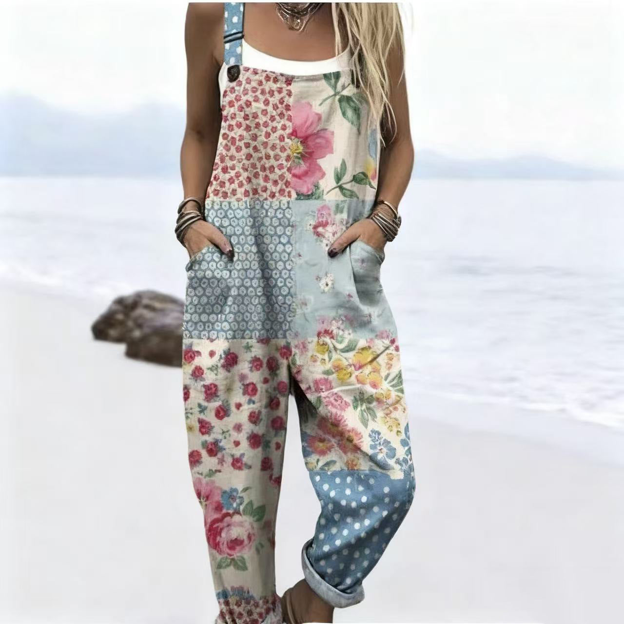 Printed Button Suspenders Casual Pants Suspenders