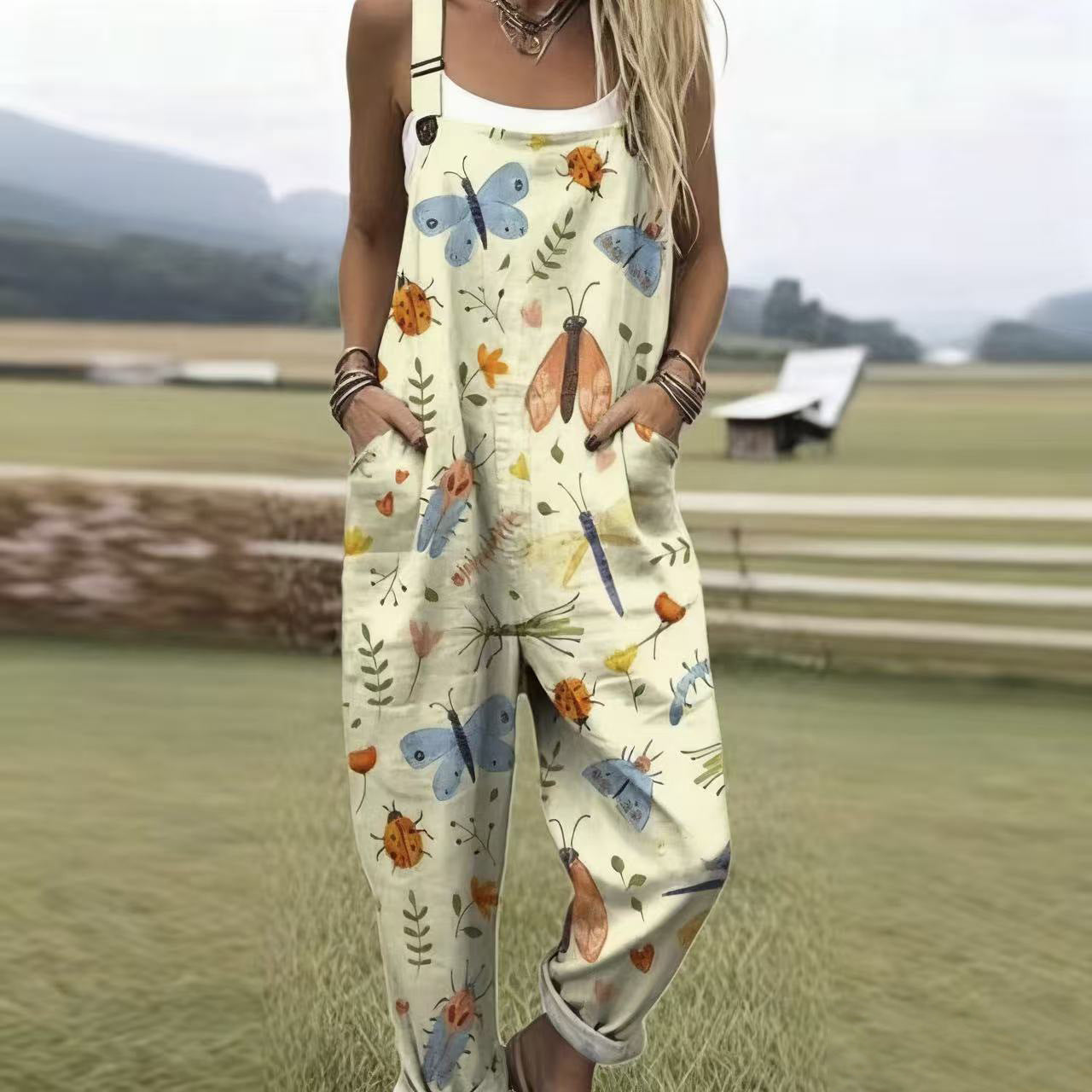 Printed Button Suspenders Casual Pants Suspenders