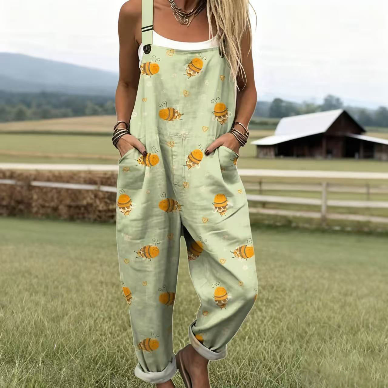 Printed Button Suspenders Casual Pants Suspenders