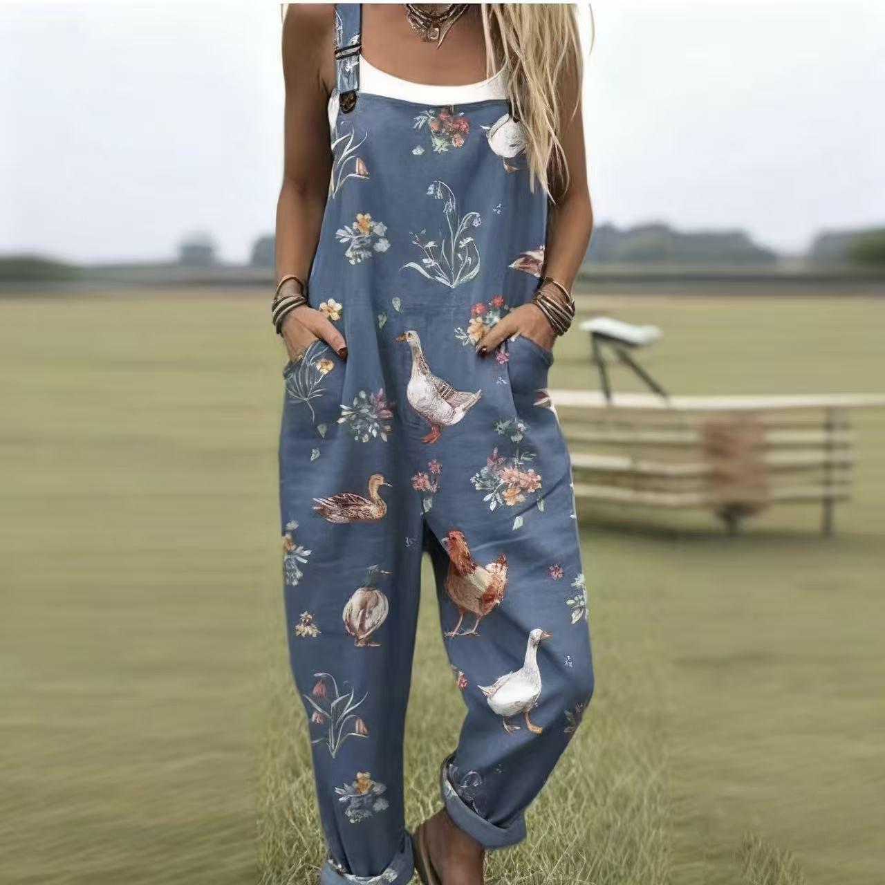 Printed Button Suspenders Casual Pants Suspenders