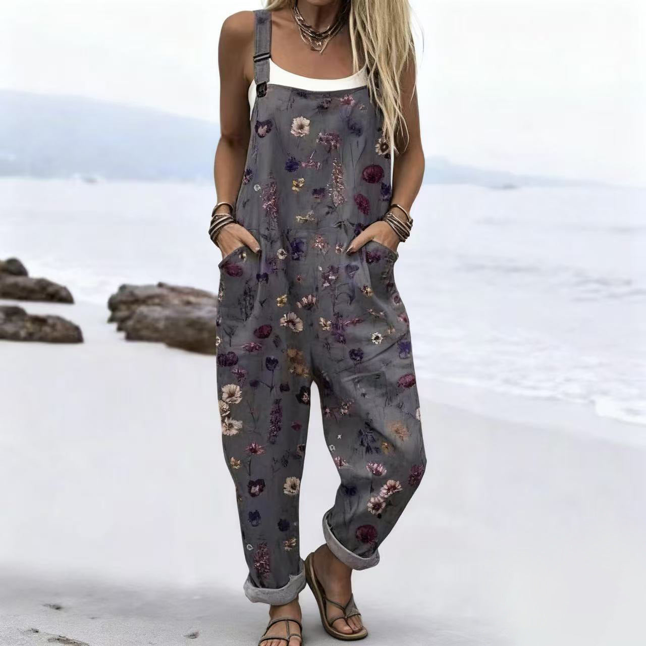 Printed Button Suspenders Casual Pants Suspenders