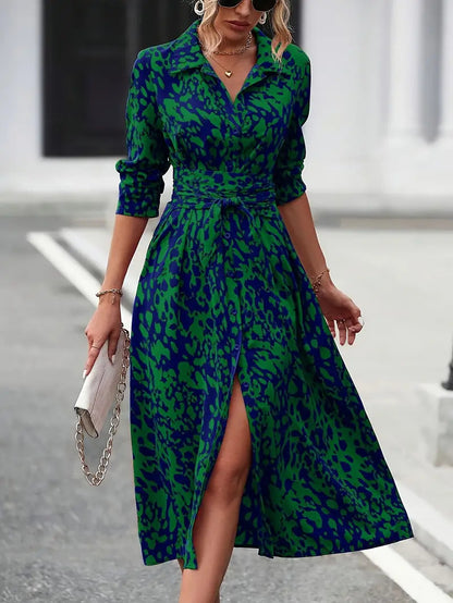 Printed button-up long-sleeved fitted A-line dress