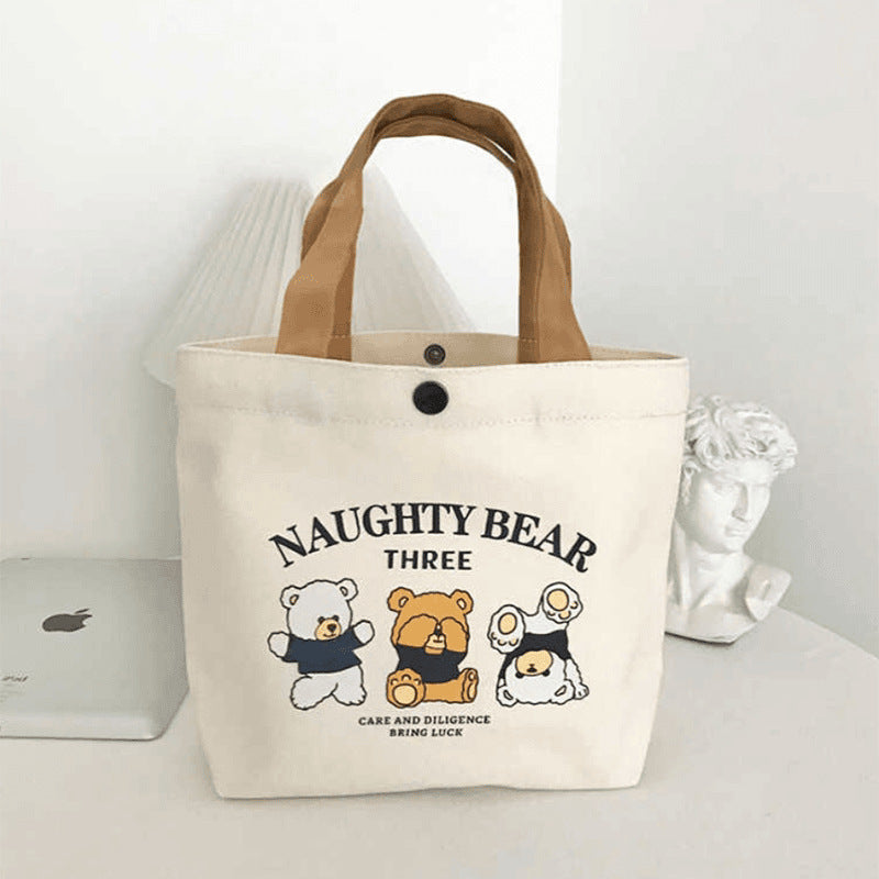 Printed Canvas Tote Bag with Bear Design