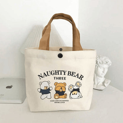 Printed Canvas Tote Bag with Bear Design