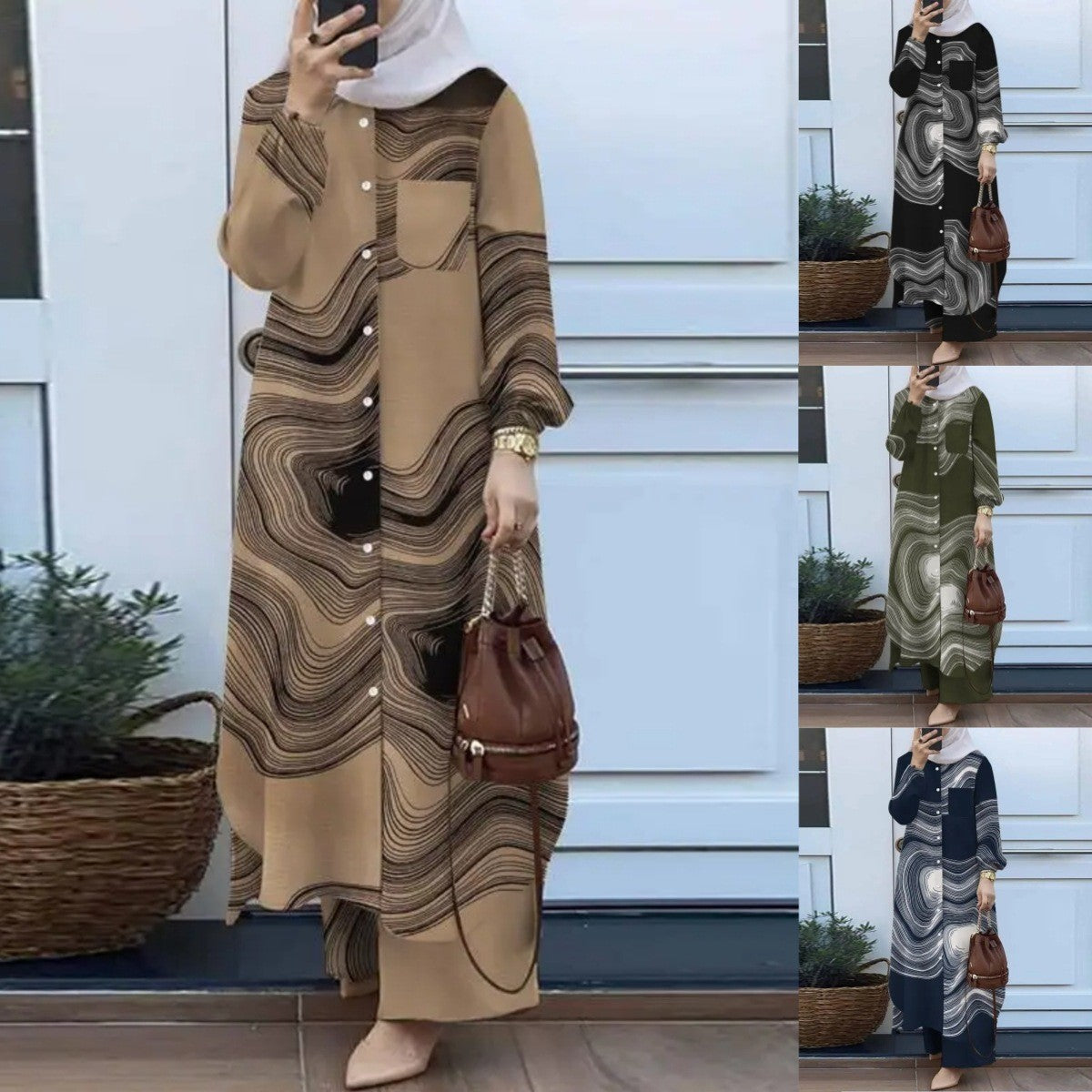 Printed collar shirt and long pants set