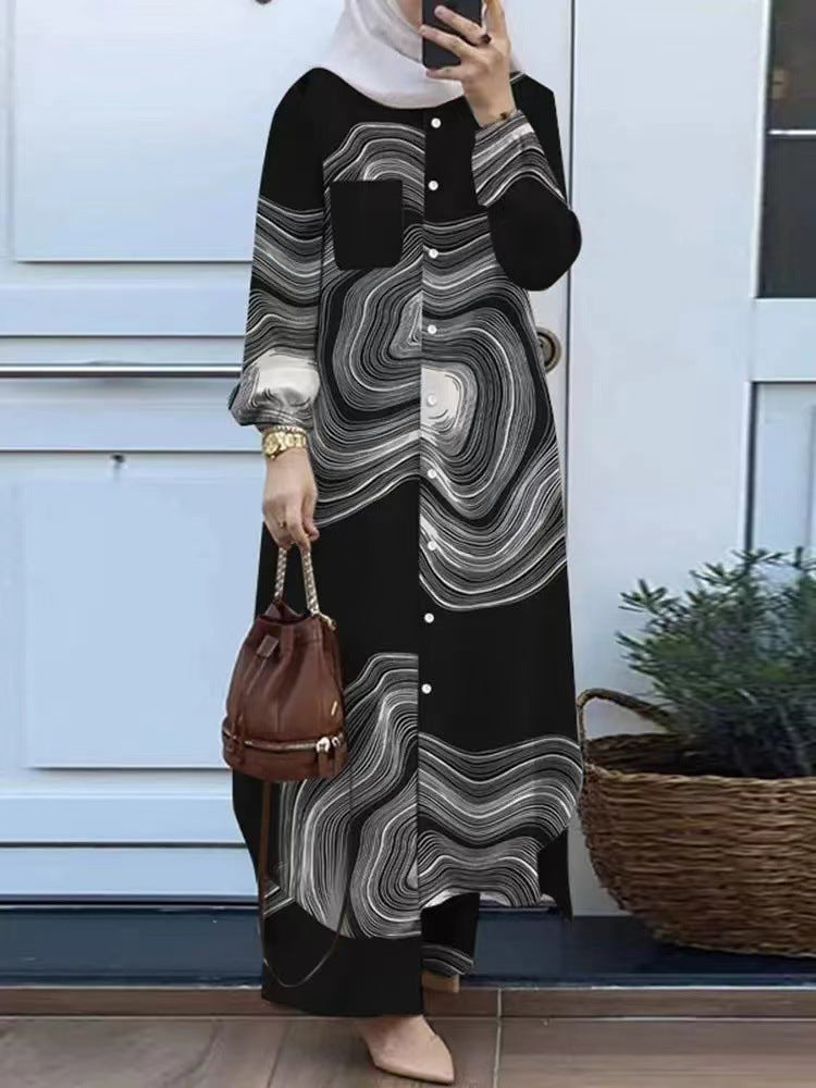 Printed collar shirt and long pants set