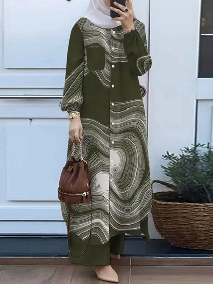 Printed collar shirt and long pants set
