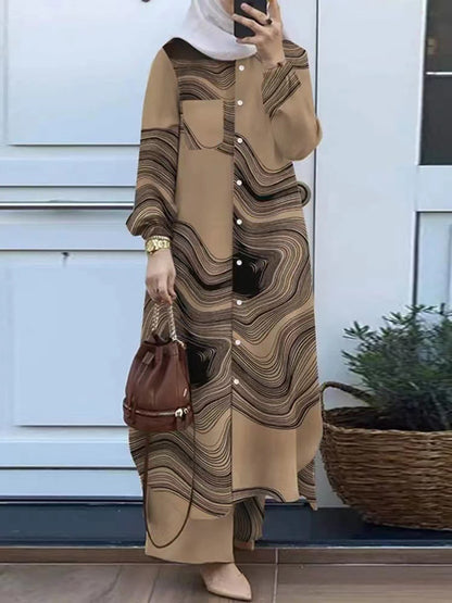 Printed collar shirt and long pants set
