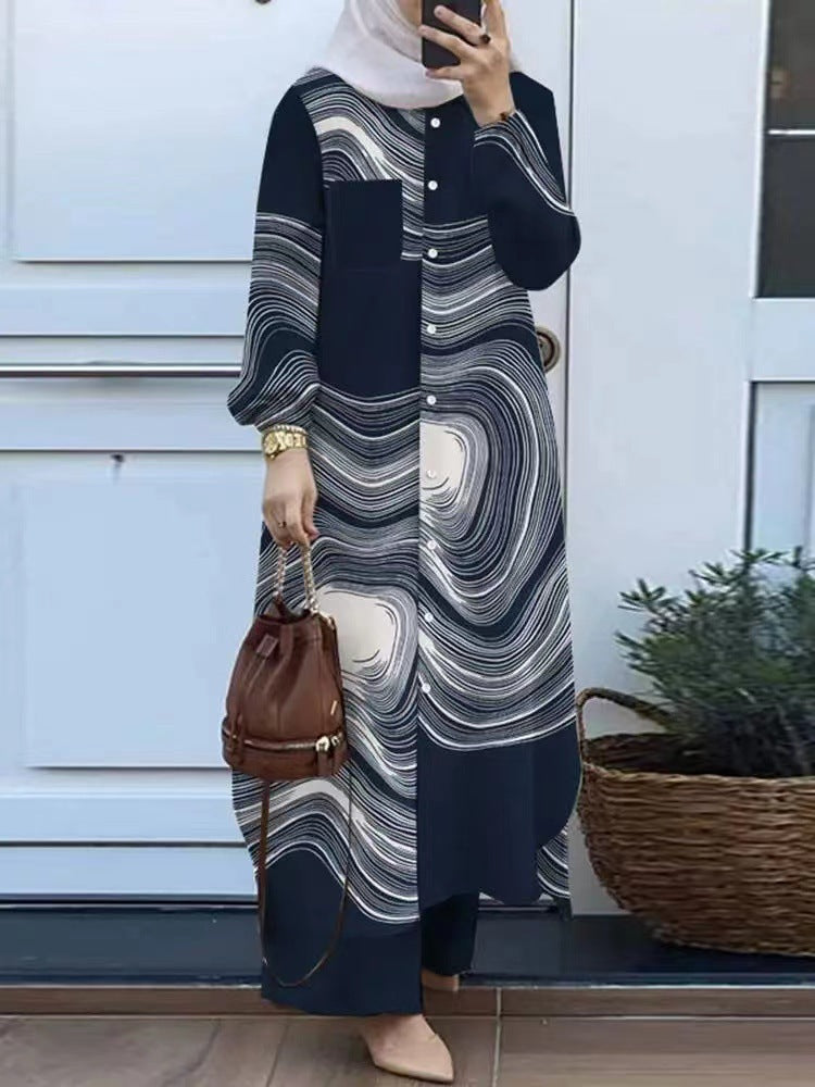 Printed collar shirt and long pants set