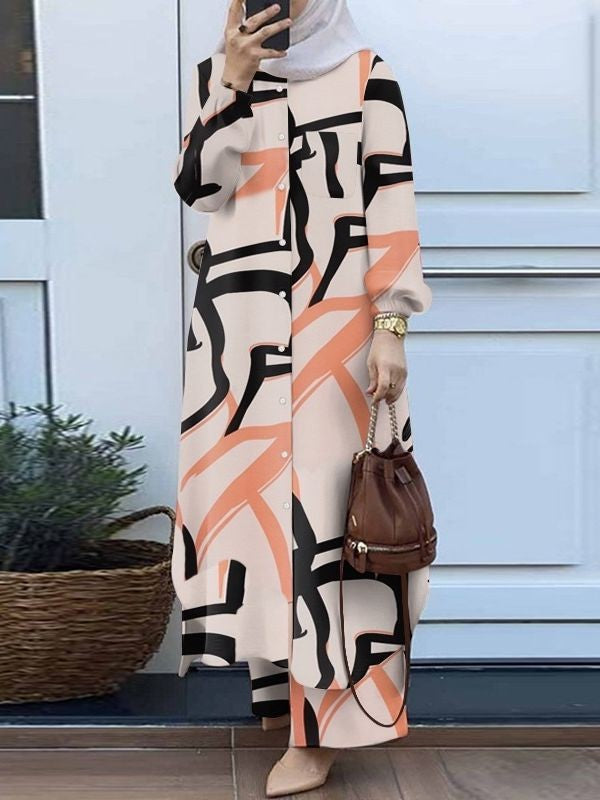 Printed collar shirt and long pants set