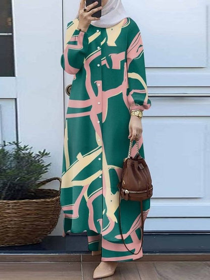 Printed collar shirt and long pants set
