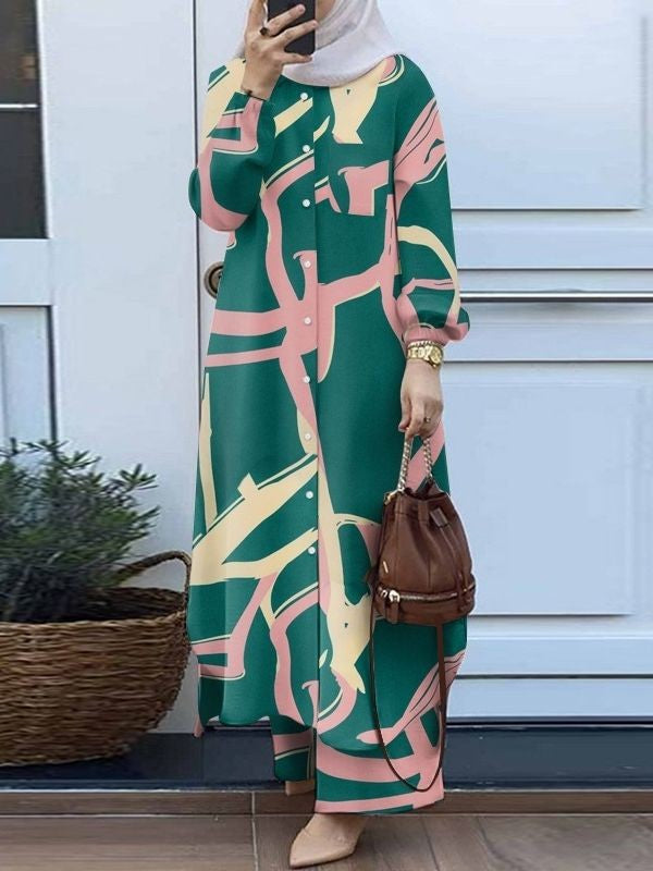 Printed collar shirt and long pants set