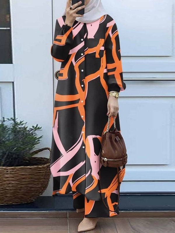 Printed collar shirt and long pants set