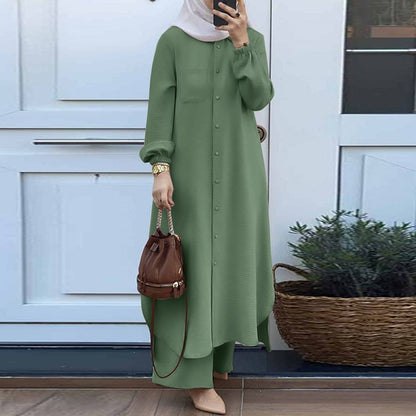 Printed collar shirt and long pants set