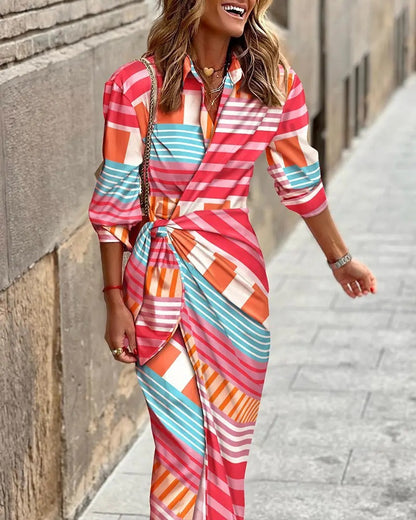 Printed Collar Striped Dress