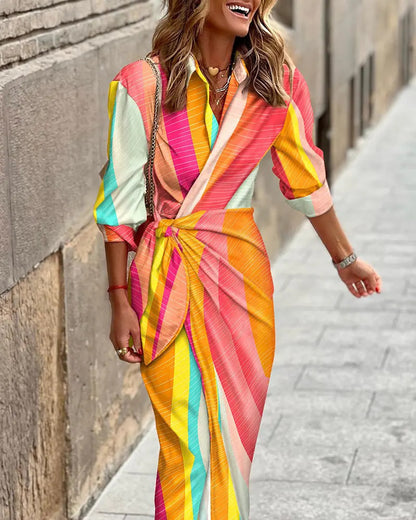 Printed Collar Striped Dress