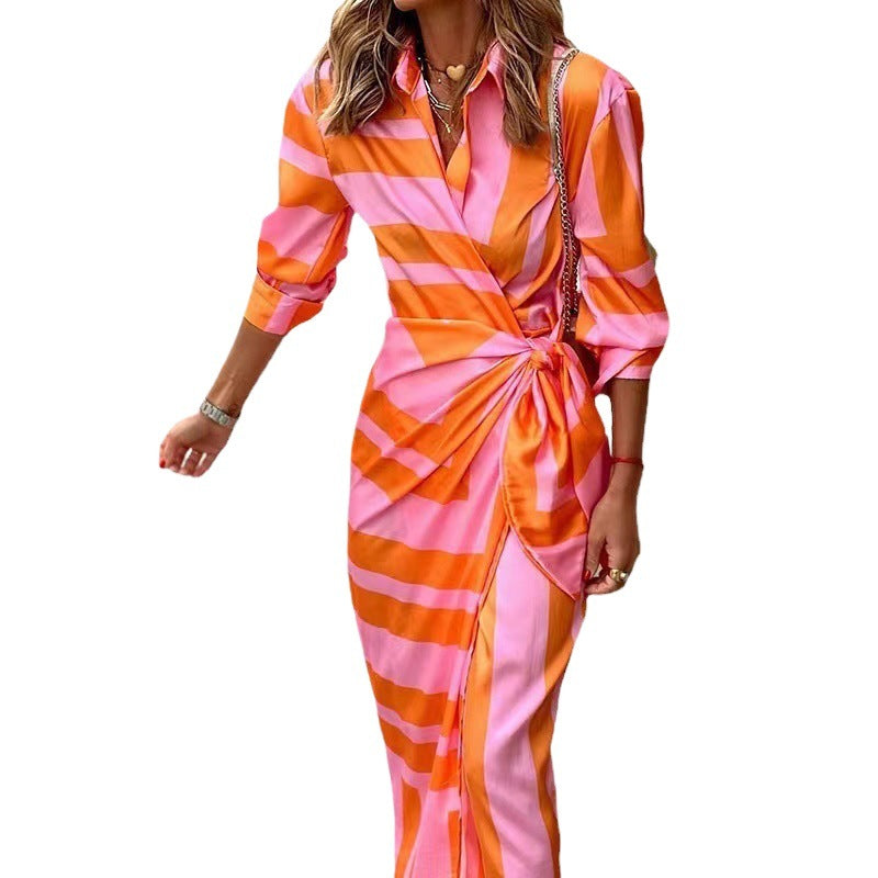 Printed Collar Striped Dress