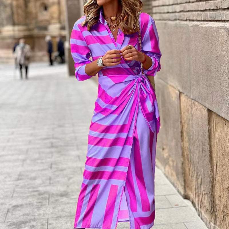 Printed Collar Striped Dress