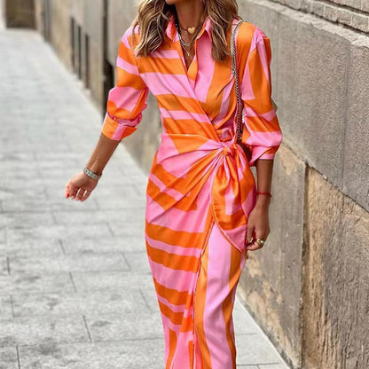 Printed Collar Striped Dress