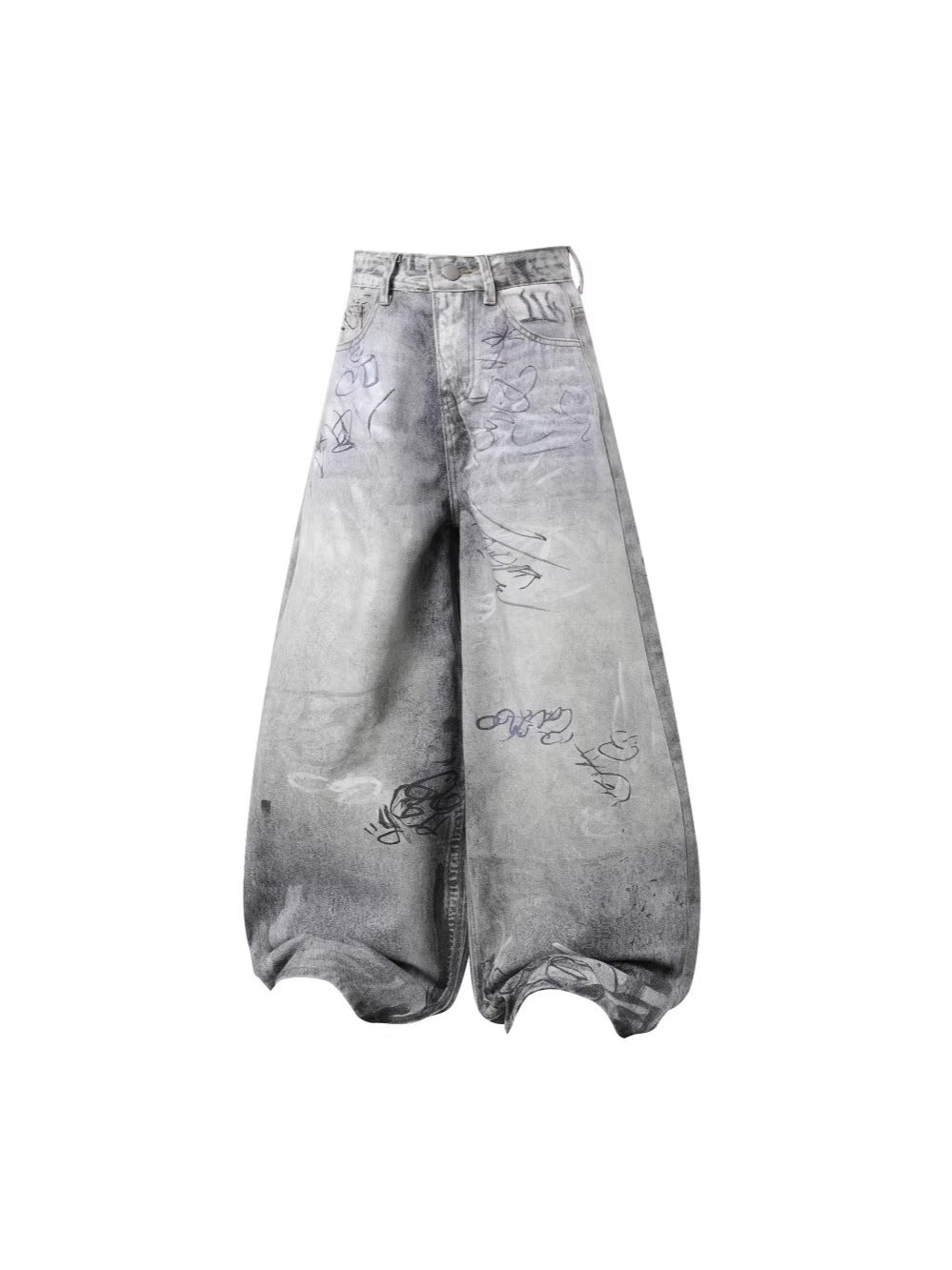 Printed Denim Pants Loose Fit Casual Trousers