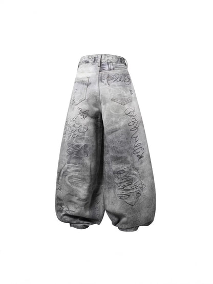 Printed Denim Pants Loose Fit Casual Trousers