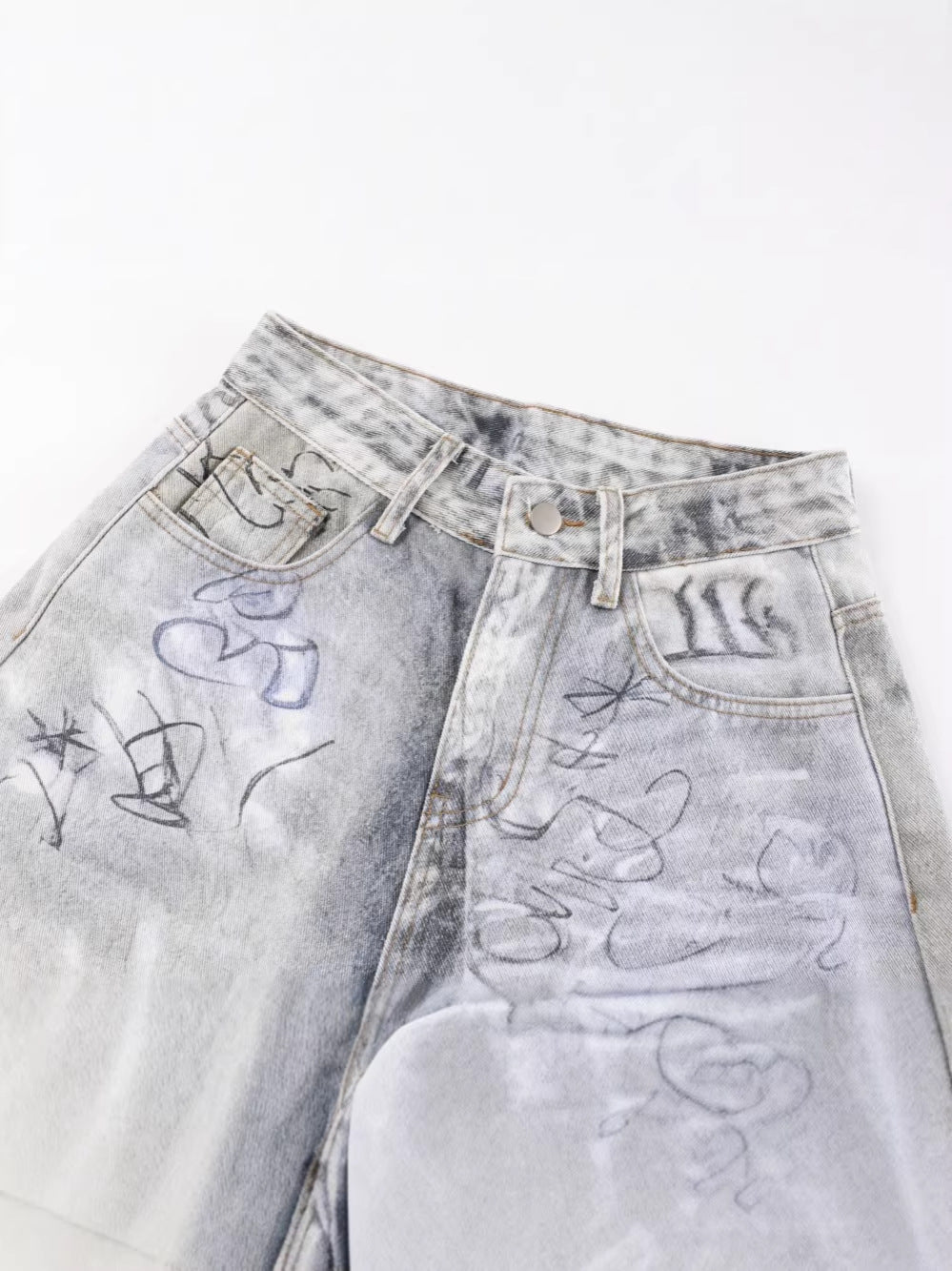 Printed Denim Pants Loose Fit Casual Trousers