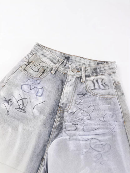 Printed Denim Pants Loose Fit Casual Trousers