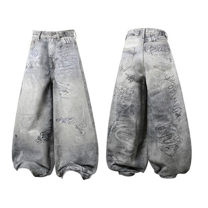 Printed Denim Pants Loose Fit Casual Trousers