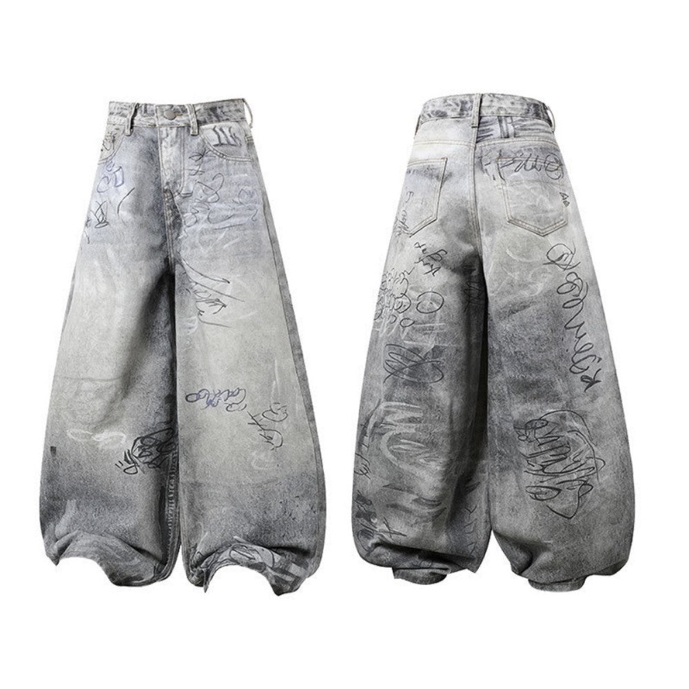 Printed Denim Pants Loose Fit Casual Trousers