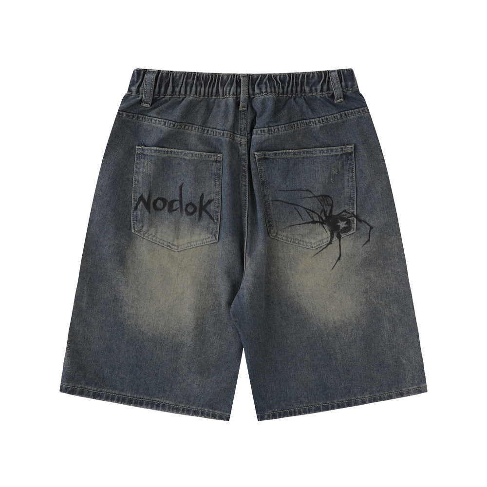 Printed denim shorts