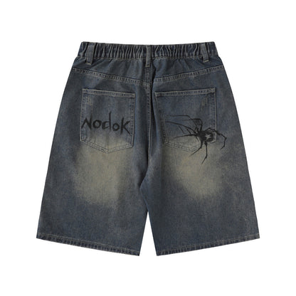 Printed denim shorts