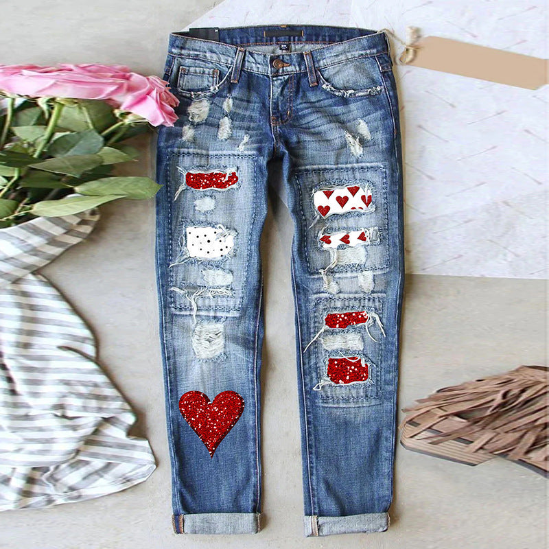 Printed Denim Wide Leg Pants with High Waist