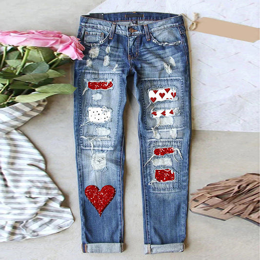 Printed Denim Wide Leg Pants with High Waist