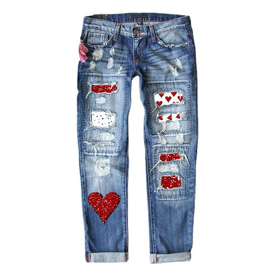 Printed Denim Wide Leg Pants with High Waist