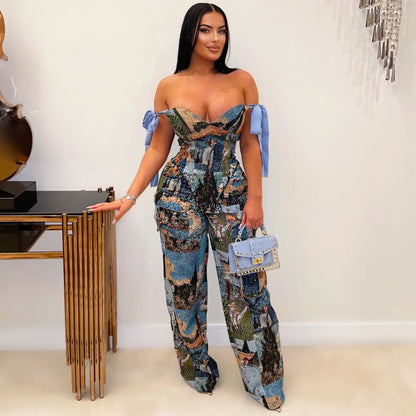 Printed Drawstring Multi-Pocket Pants Suit