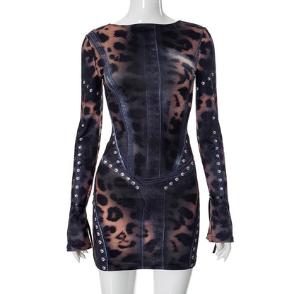 Printed fitted long-sleeved halter-top short skirt