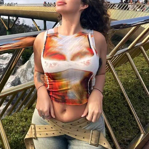Printed fitted sleeveless outer vest