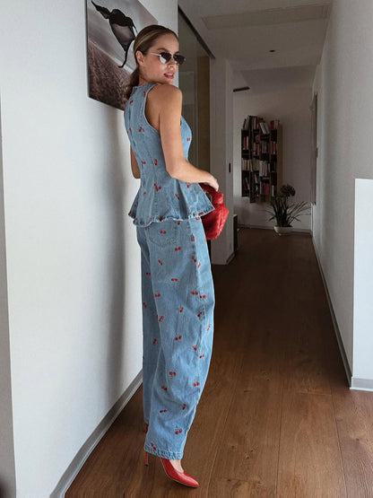Printed Halter Neck Tank Top and Wide-Leg Jeans Set