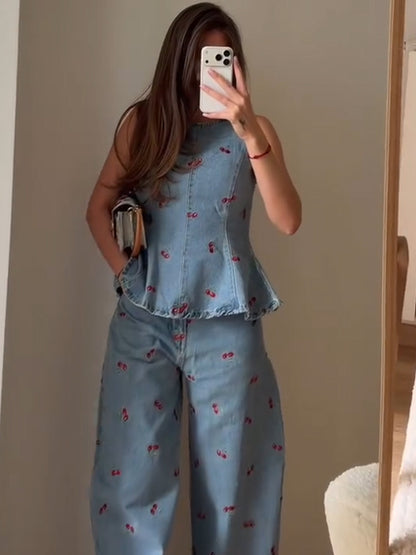 Printed Halter Neck Tank Top and Wide-Leg Jeans Set
