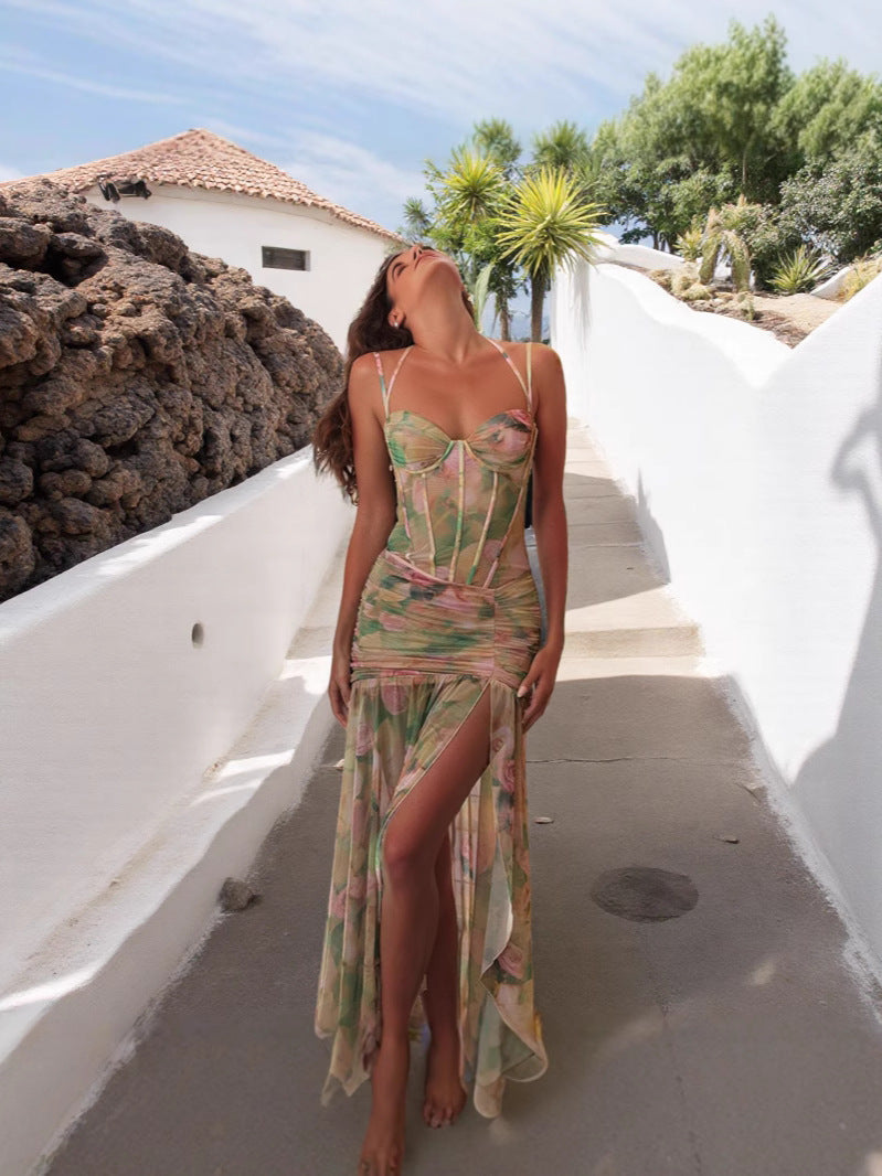 Printed high-waisted slimming halter dress