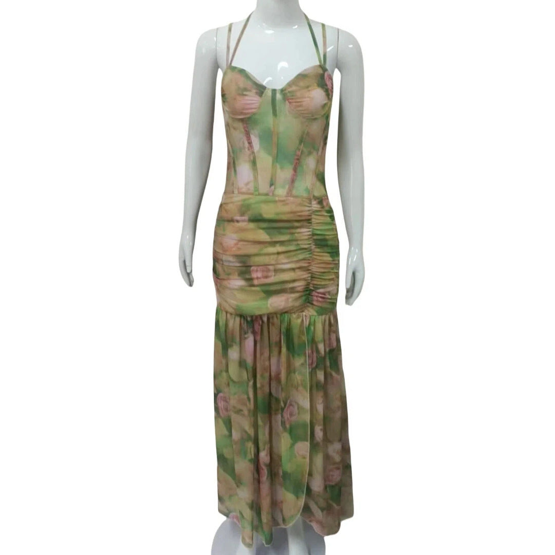 Printed high-waisted slimming halter dress
