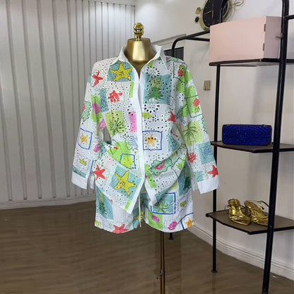 Printed hollowed-out lapel long-sleeved shirt shorts casual suit