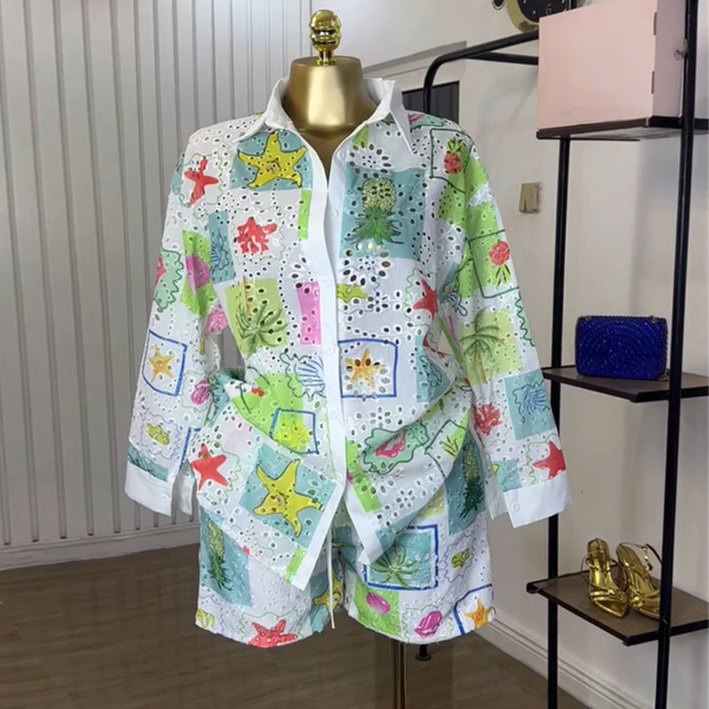 Printed hollowed-out lapel long-sleeved shirt shorts casual suit
