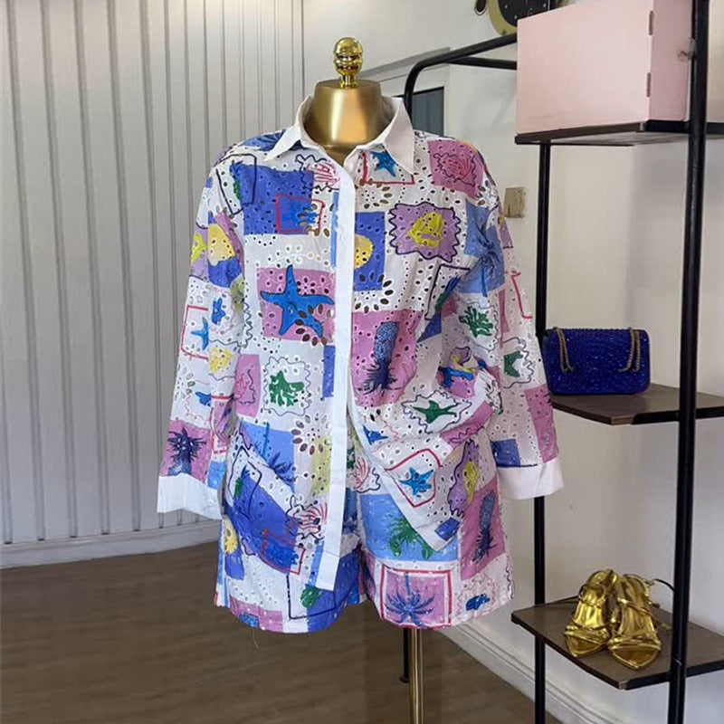 Printed hollowed-out lapel long-sleeved shirt shorts casual suit