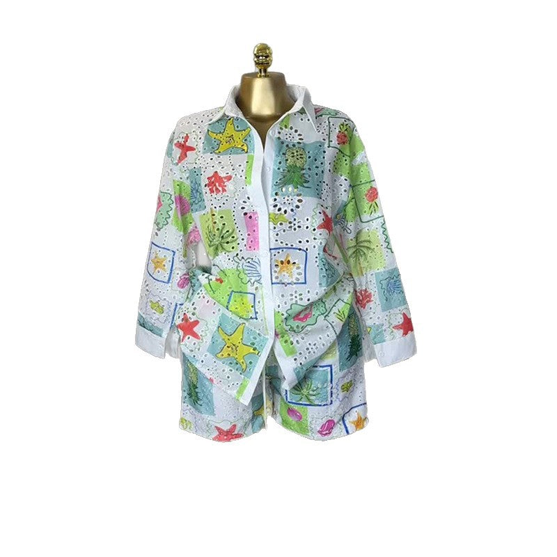 Printed hollowed-out lapel long-sleeved shirt shorts casual suit