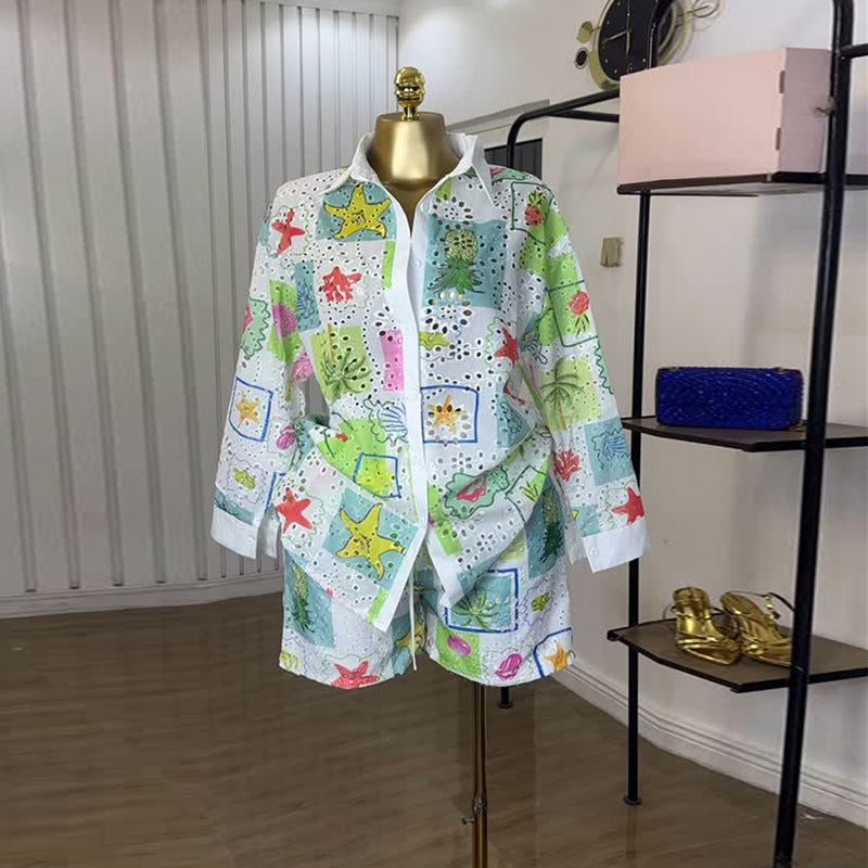 Printed hollowed-out lapel long-sleeved shirt shorts casual suit