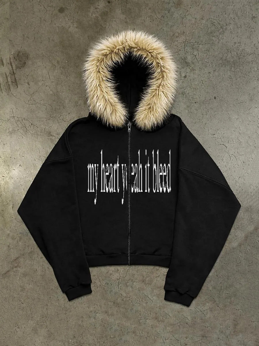 Printed Hooded Sweatshirt with Plush Material